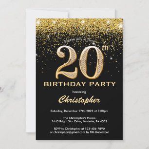 20. Geburtstag Black and Gold Glitzer Confetti Einladung