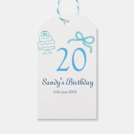 20. Geburtstag blaues Schleifen-Torten-Name Datum  Geschenkanhänger