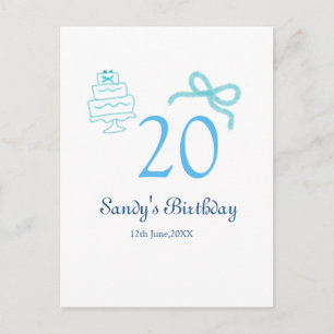 20. Geburtstag blaues Schleifen-Torten-Name Datum Postkarte