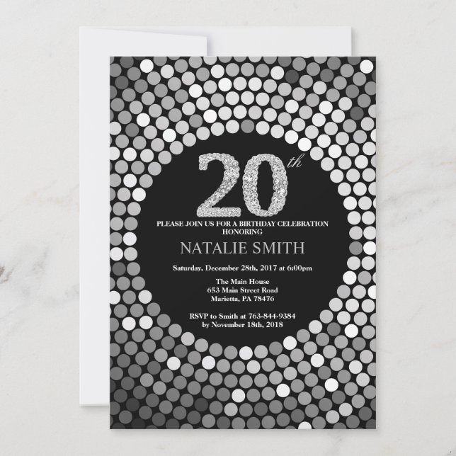 20. Geburtstag Einladung Black and Silver Glitzer (Vorderseite)