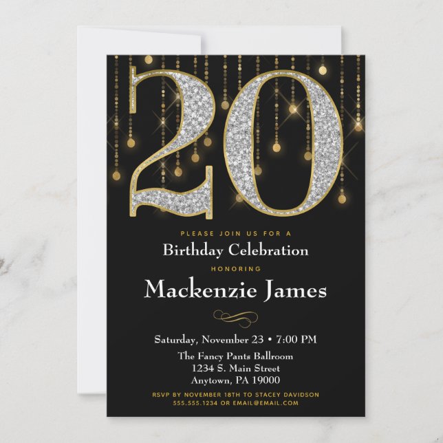 20. Geburtstag Einladung Black Gold Diamonds Adult (Vorderseite)