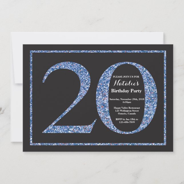 20. Geburtstag Einladung Blue Glitzer Chalkboard (Vorderseite)
