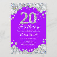 20. Geburtstag Einladung Lila und Silver Diamond