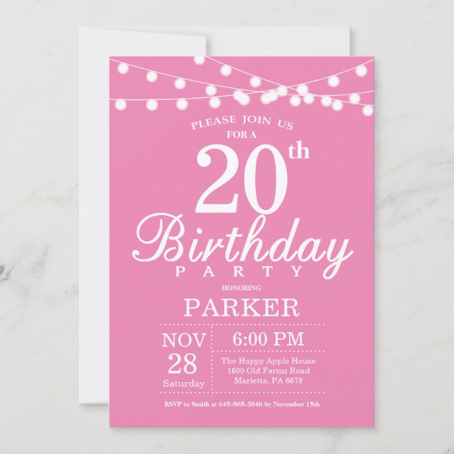 20. Geburtstag Einladung Rosa (Vorderseite)