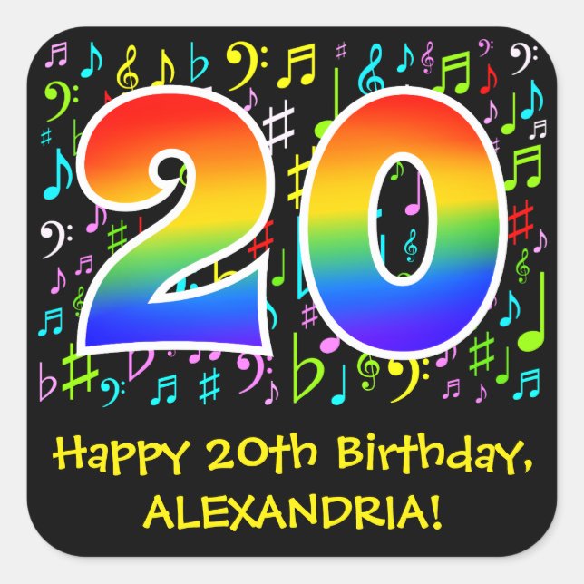 20. Geburtstag: Farbige Musiksymbole, Regenbogen 2 Quadratischer Aufkleber (Vorderseite)