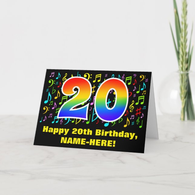 20. Geburtstag: Farbige Musiksymbole & Regenbogen  Karte (Vorderseite)