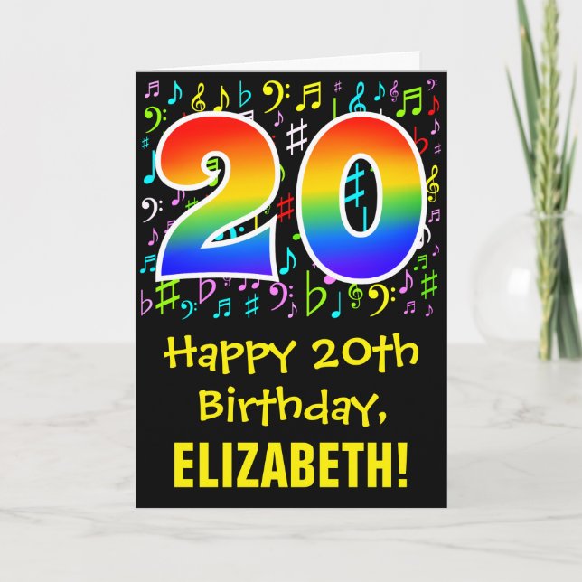 20. Geburtstag: Farbige Musiksymbole + Regenbogen  Karte (Vorderseite)