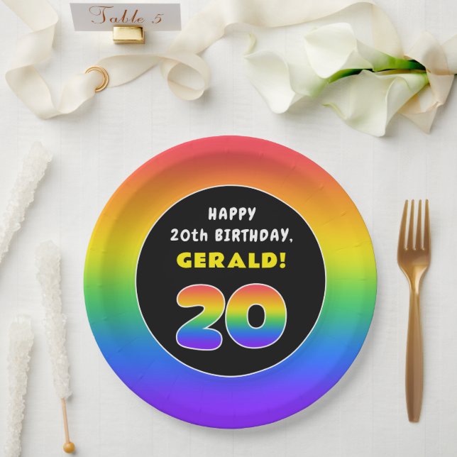 20. Geburtstag: Farbiger Regenbogen # 20, Individu Pappteller (Hochzeit)