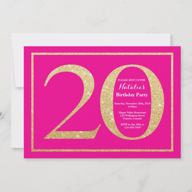 20. Geburtstag Hot Pink und Gold Glitzer Einladung (Vorderseite)