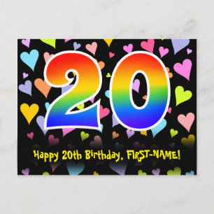 20. Geburtstag: Lustiges Herzen-Muster, Regenbogen Postkarte