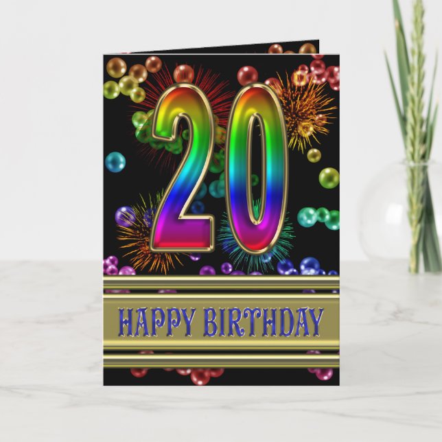 20. Geburtstag mit Regenbogenblasen und Feuerwerk Karte (Vorderseite)