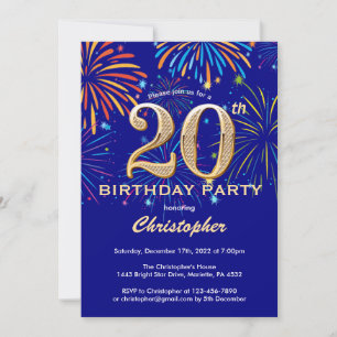 20. Geburtstag Navy Blue and Gold Rainbow Firework Einladung