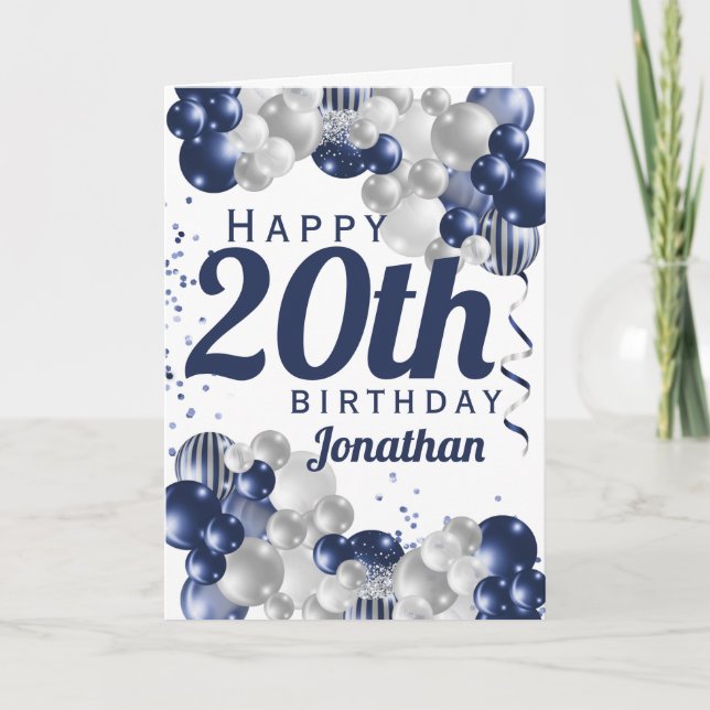 20. Geburtstag Navy Blue Balloons Karte (Vorderseite)