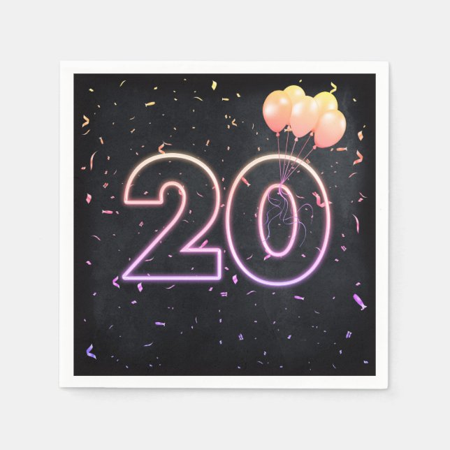 20. Geburtstag Neon Sign auf Black Napkins Serviette (Vorderseite)