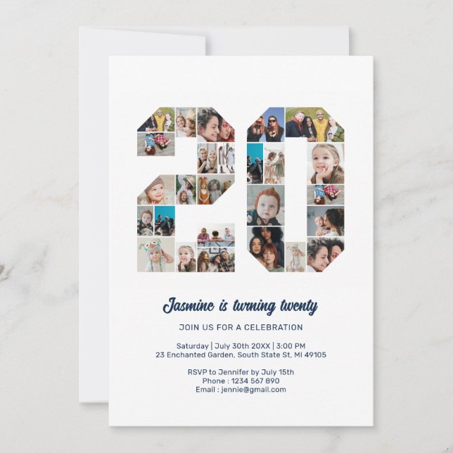 20. Geburtstag Nr. 20 Custom Foto Collage Einladung (Vorderseite)