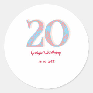 20. GEBURTSTAG PFIRSICH BLAU FETT RETRO NAME STYLI RUNDER AUFKLEBER