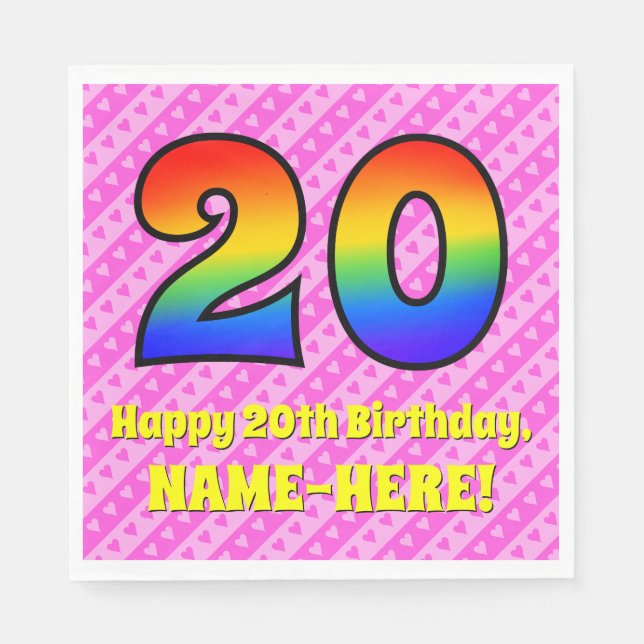 20. Geburtstag: Rosa Streifen & Herz, Regenbogen # Serviette (Vorderseite)