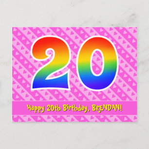 20. Geburtstag: Rosa Streifen & Herzen, Regenbogen Postkarte