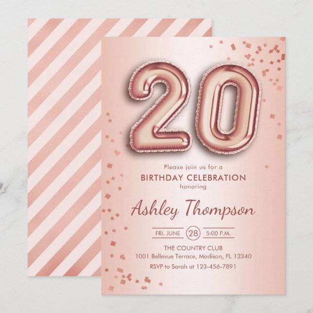 20. Geburtstag - Rose Gold Balloons Einladung (Vorne/Hinten)