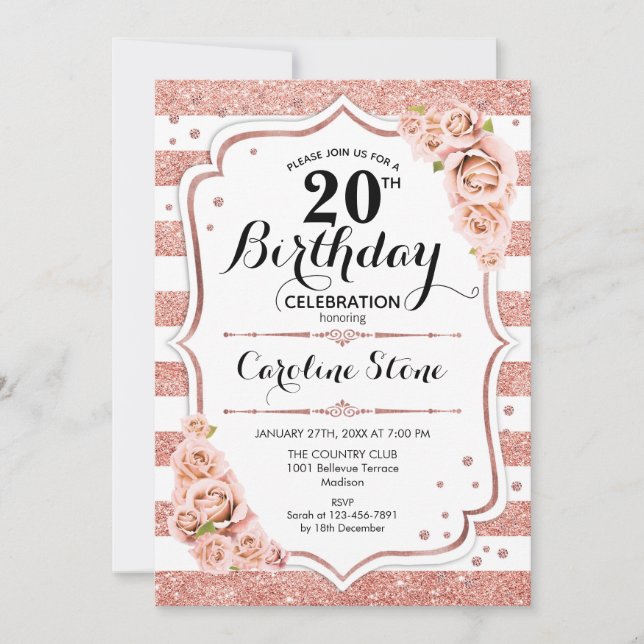 20. Geburtstag - Rose Gold Weiße Streifen Einladung (Vorderseite)