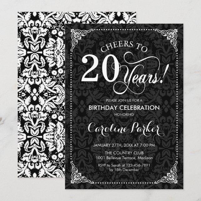20. Geburtstag - Schwarz-weißer Damast Einladung (Vorne/Hinten)