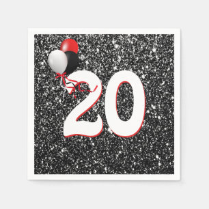 20. Geburtstagsballons auf dem Schwarzen Glitzer Serviette
