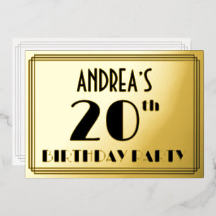 20. Geburtstagsfeier — Art Deco Look „20“ + Name Folieneinladung