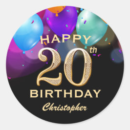 20. Geburtstagsparty Black and Gold Ballons Runder Aufkleber