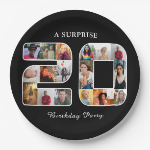 20. Geburtstagsparty Foto Collage Black Pappteller