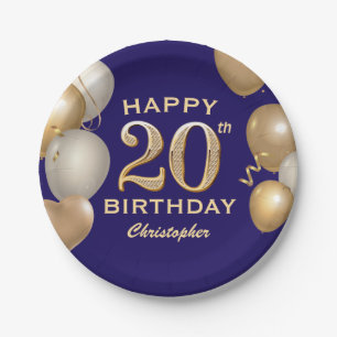20. Geburtstagsparty Navy Blue and Gold Balloons Pappteller