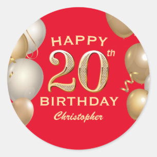 20. Geburtstagsparty Rot und Gold Ballons Runder Aufkleber