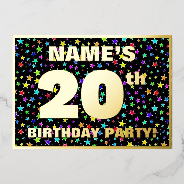 20. Geburtstagsparty — Spaß, buntes Sternenmuster Folieneinladung (Vorderseite)