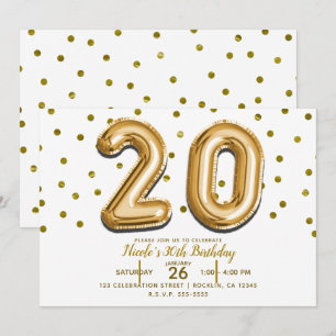 20 Gold Balloons & Confetti 20. Geburtstagsparty Einladung