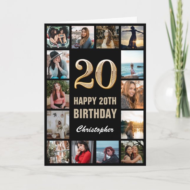 20. Happy Birthday Black and Gold Foto Collage Karte (Vorderseite)