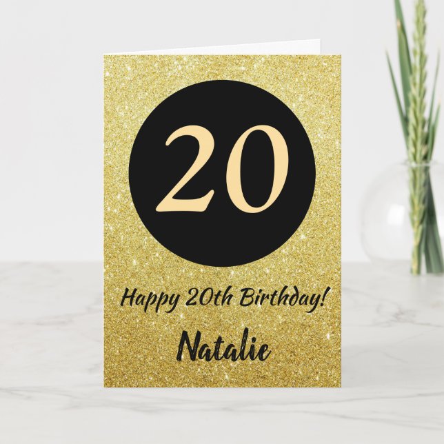 20. Happy Birthday Black and Gold Glitzer Card Karte (Vorderseite)