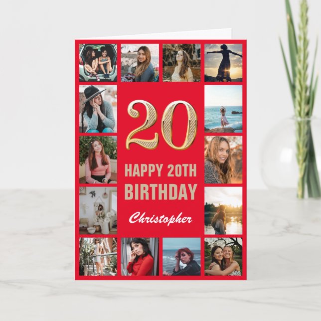 20. Happy Birthday Rot und Gold Foto Collage Karte (Vorderseite)