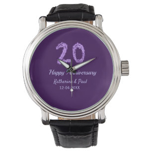 20. Happy Jubiläum Pärchenname Datum lila Armbanduhr