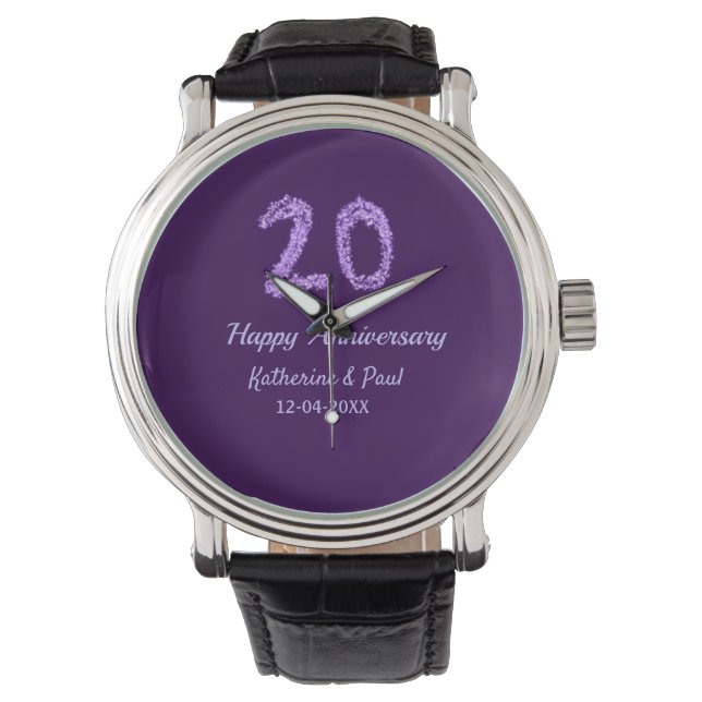 20. Happy Jubiläum Pärchenname Datum lila Armbanduhr (Vorderseite)