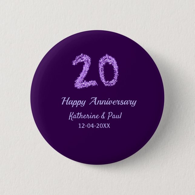 20. Happy Jubiläum Pärchenname Datum lila Button (Vorderseite)