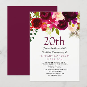 20. Hochzeitsjubiläum Burgund Blumen Einladung