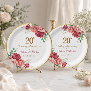20. Hochzeitsjubiläum Goldrahmen Floral Pappteller