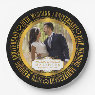 20. Hochzeitstag Foto Black   Vergoldet Pappteller