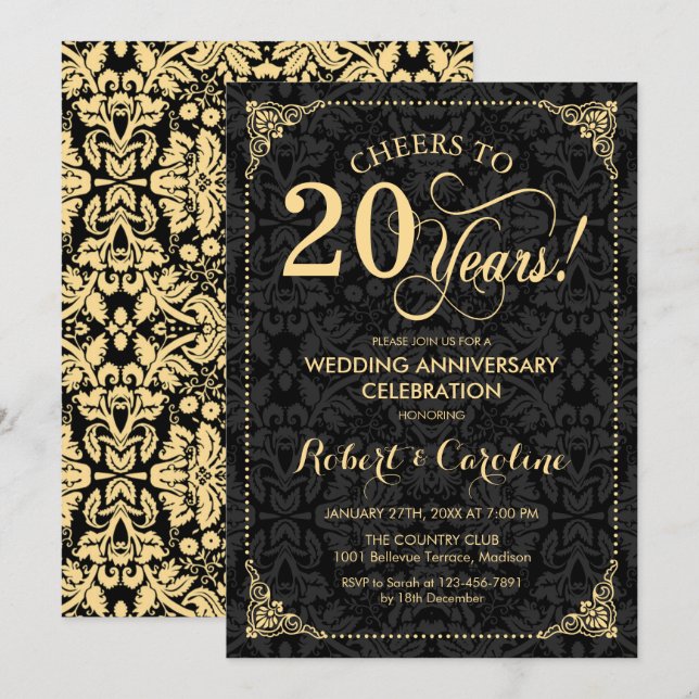 20. Hochzeitstag - Gold Black Damask Einladung (Vorne/Hinten)
