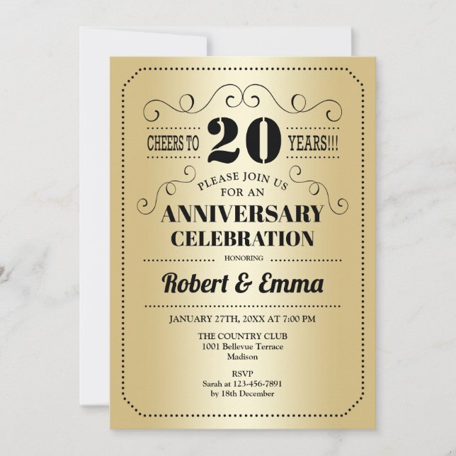20. Hochzeitstag-Party - Gold Schwarz Einladung (Vorderseite)