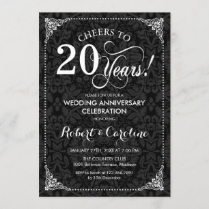 20. Hochzeitstag - Schwarz-weißer Damast Einladung