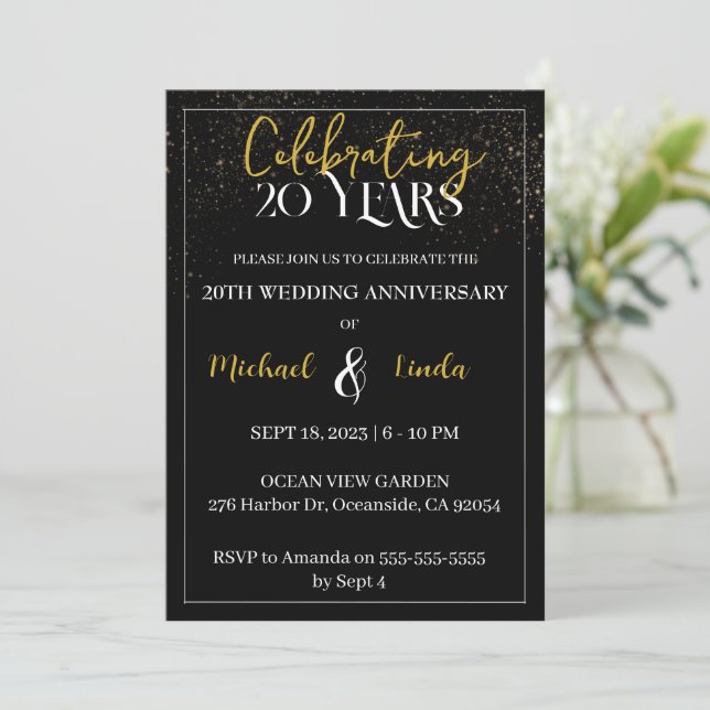 20. Hochzeitstag Schwarzes Gold Moderne Einladung (Stehend Vorderseite)