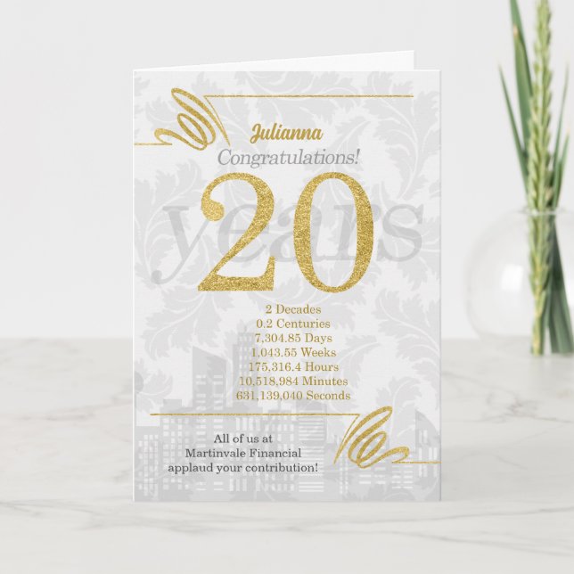 20 Jahre Mitarbeiterjubiläum Business Elegance Feiertagskarte (Vorderseite)
