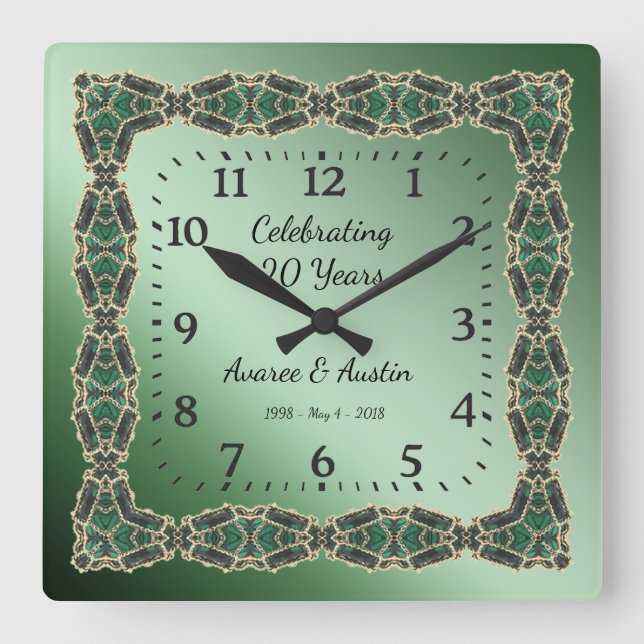 20-jähriges Smaragdjubiläum Quadratische Wanduhr (Vorderseite)