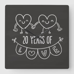 20. Jubiläum Geschenk Chalk Herzen Quadratische Wanduhr