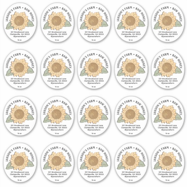 20 Kleines Oval Honey-Label mit Sonnenblume Aufkleber (Vorderseite)